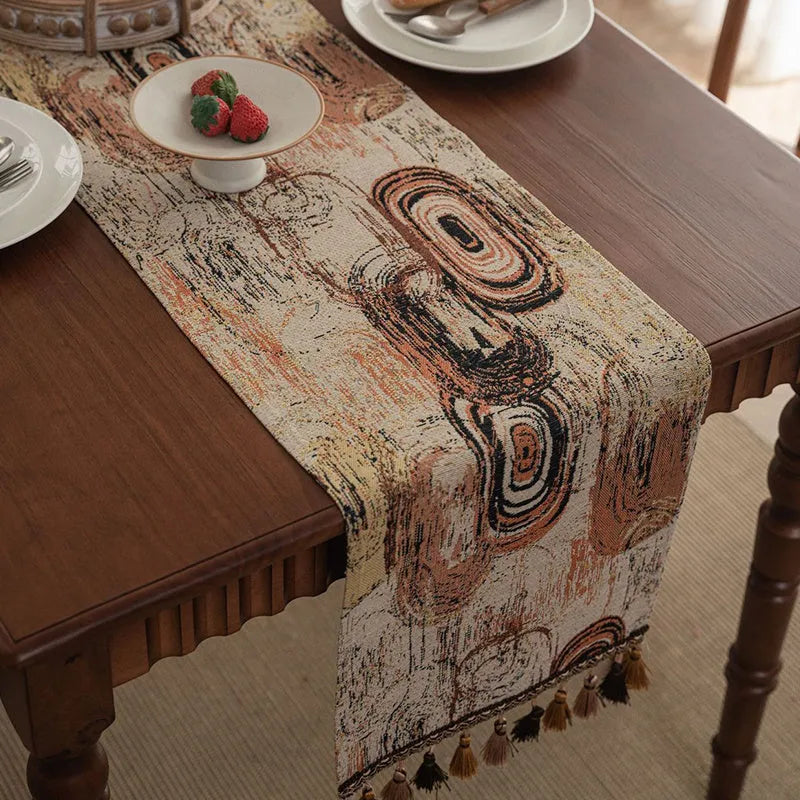Nordic Jacquard striped bouquet pattern table runner with decorative tassels in dark blue
