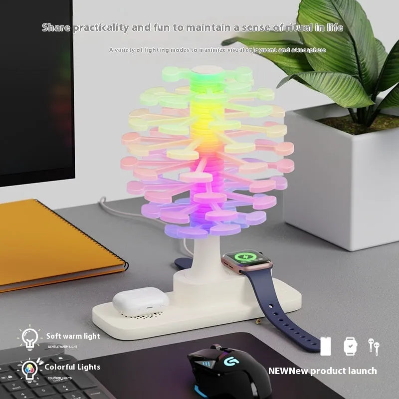 Geometric spiral tree LED table lamp with white light on desk