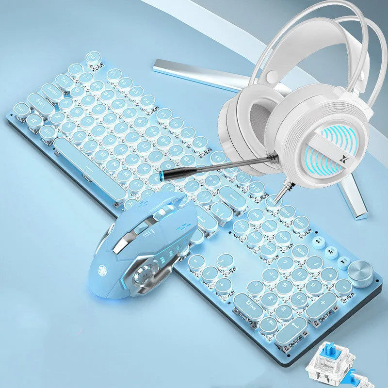 Sky blue retro punk mechanical keyboard with white backlight and green switches alongside wired mouse on a wooden desk