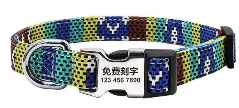 Striped canvas dog collar with semi-metal buckle in bohemian blue colour with adjustable sizing.