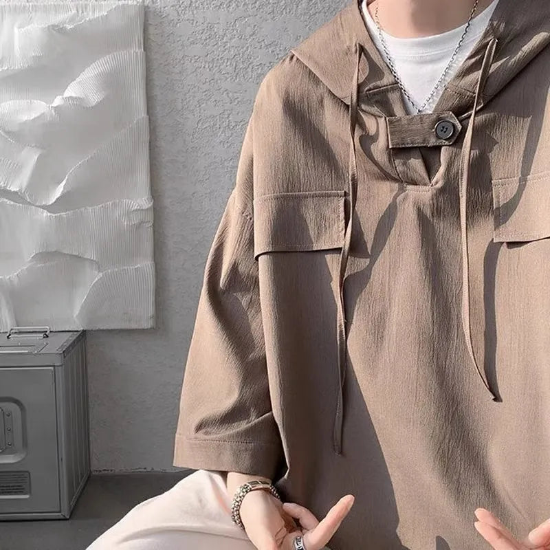 Men's loose fit hooded short sleeve t-shirt in polyester for summer casual wear