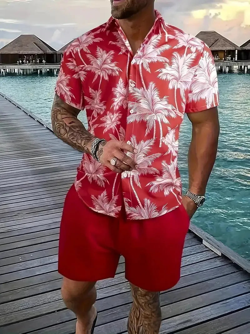 Men's 3D printed Hawaiian style short sleeve shirt and shorts set in polyester fabric.
