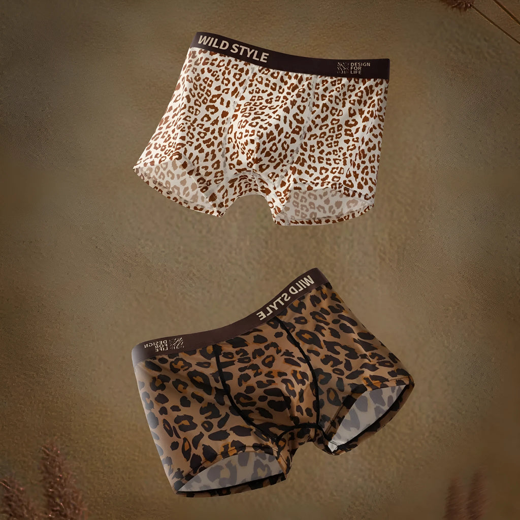 Men's leopard print ice silk underwear trousers in polyester fabric showing mid waist design