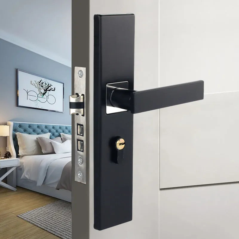 Aluminium alloy indoor split magnetic door lock handle for timber doors in black finish.
