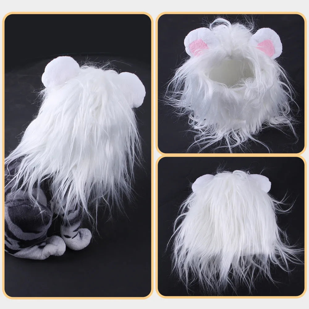 Lion headgear wig for a cat in black synthetic fur with an adjustable chin strap