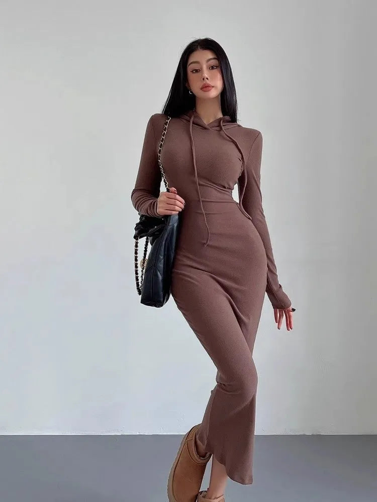A woman's light grey hooded sheath dress with long sleeves, high waist, and over-the-knee length.