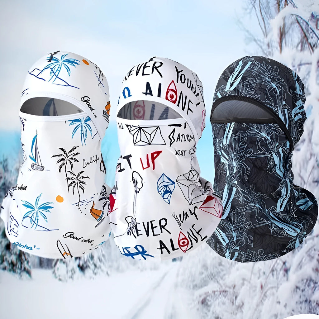 Unisex cotton motorcycle head cover in average size 55-60cm with dome cap design, shown with included gloves.