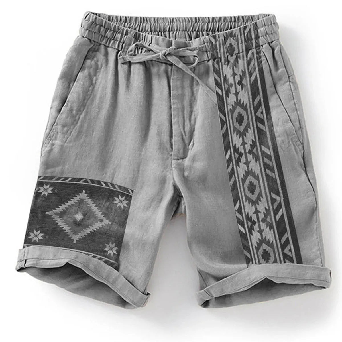 Men's blue digital print casual shorts with colour block pattern and lace-up waist closure