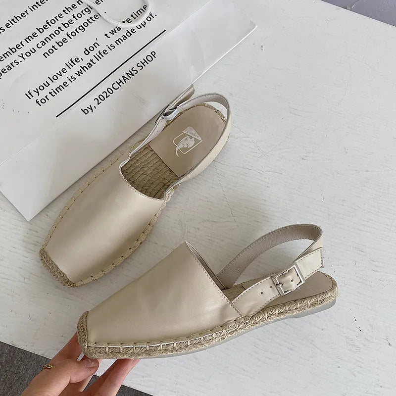 Women's retro fisherman flat sandals in creamy white with canvas upper and animal pattern pattern