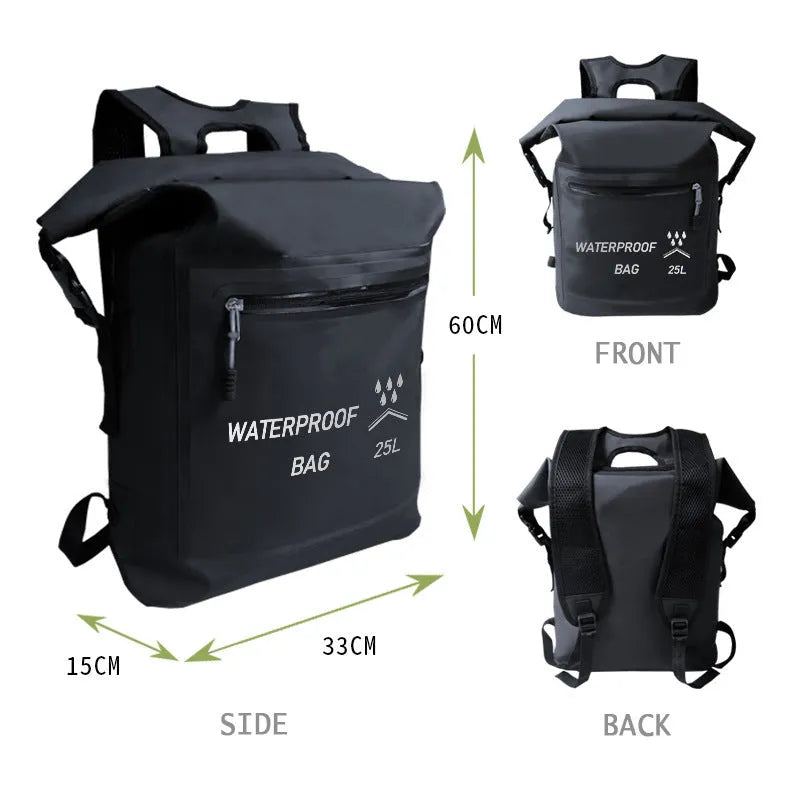 Black 25 litre waterproof backpack for outdoor water activities