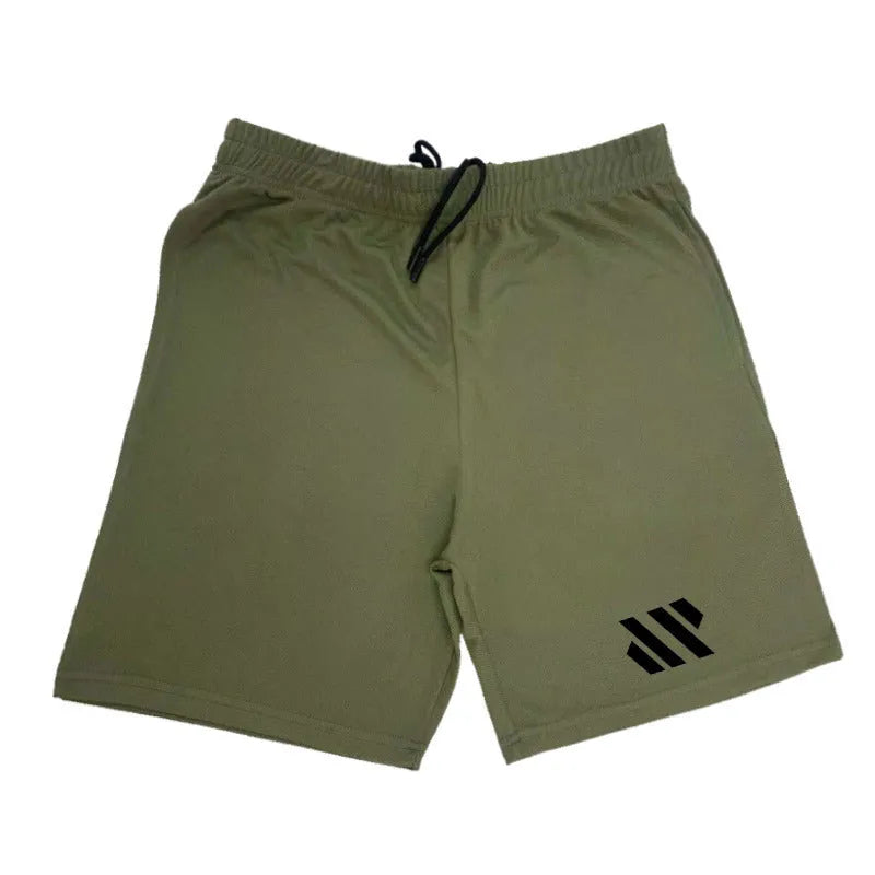 Men's metal silk fabric sports shorts in loose fit for running, shown in army green colour.