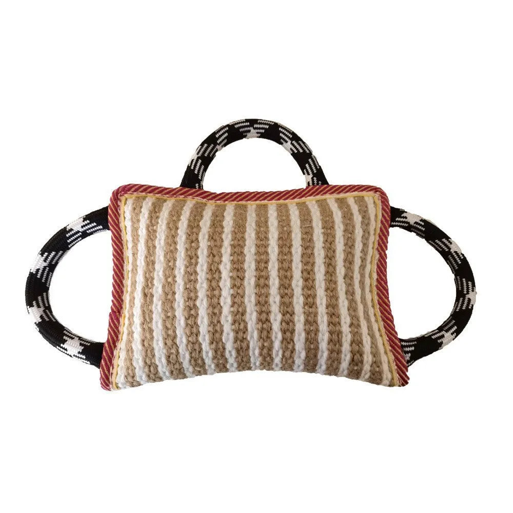 Jute dog tug toy with three rope handles showing 26 cm bite pillow for medium large dogs