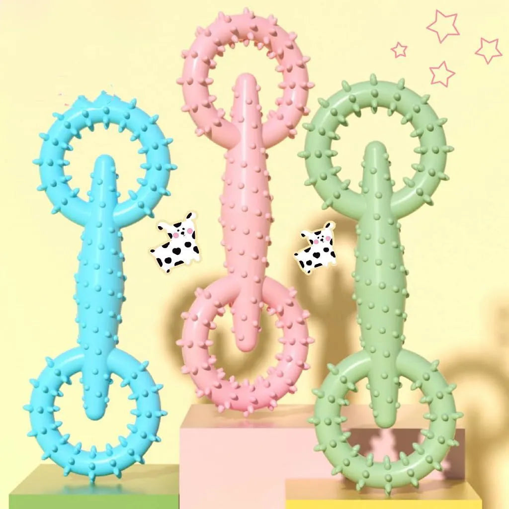 Blue TPR dog chew ring toy for puppy teething, shown next to a scale indicating 16cm length.