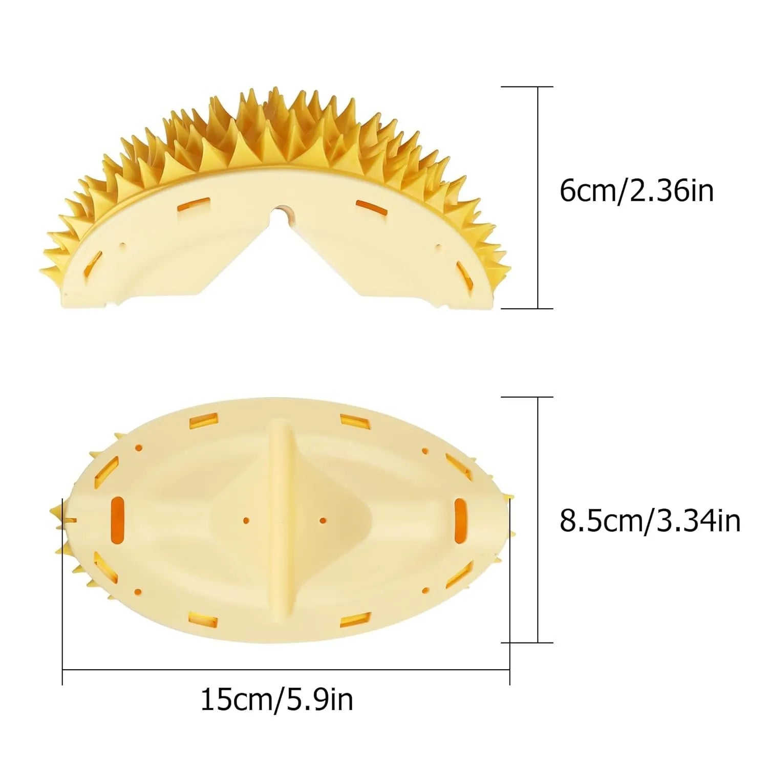 Yellow durian-shaped cat corner scratcher with massage comb and catnip for indoor cats