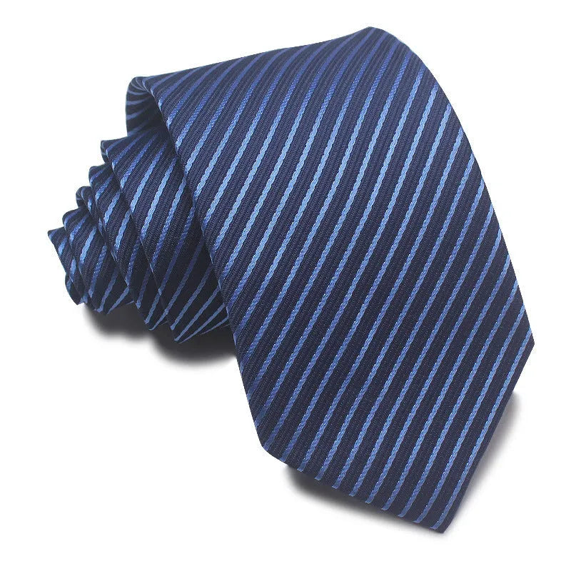 8cm wide polyester jacquard striped men's business tie shown in multiple colour variations