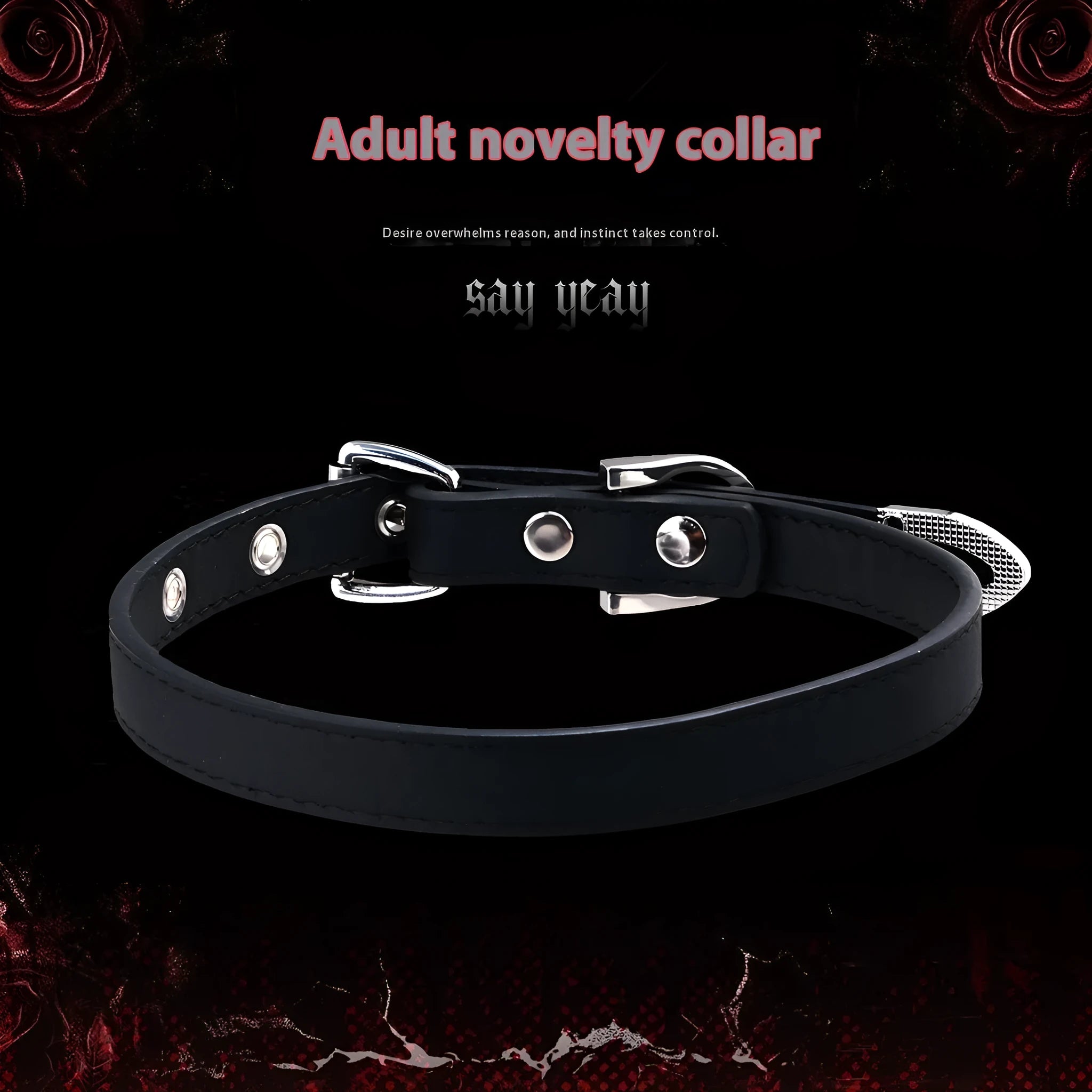 Black genuine leather collar with geometric metal pendant on adjustable 41-50cm chain