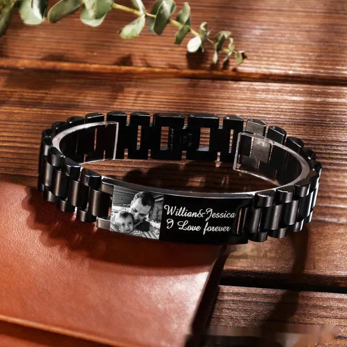 Men's titanium steel lettering bracelet with curved heart shape in black or grey options
