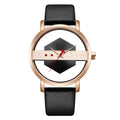 Hollow out see-through unisex leather casual quartz watch with brown gold surface and slim 10mm case