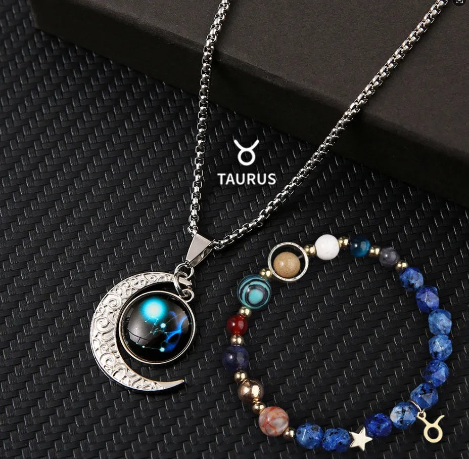 Natural stone zodiac necklace and bracelet set for all 12 star signs