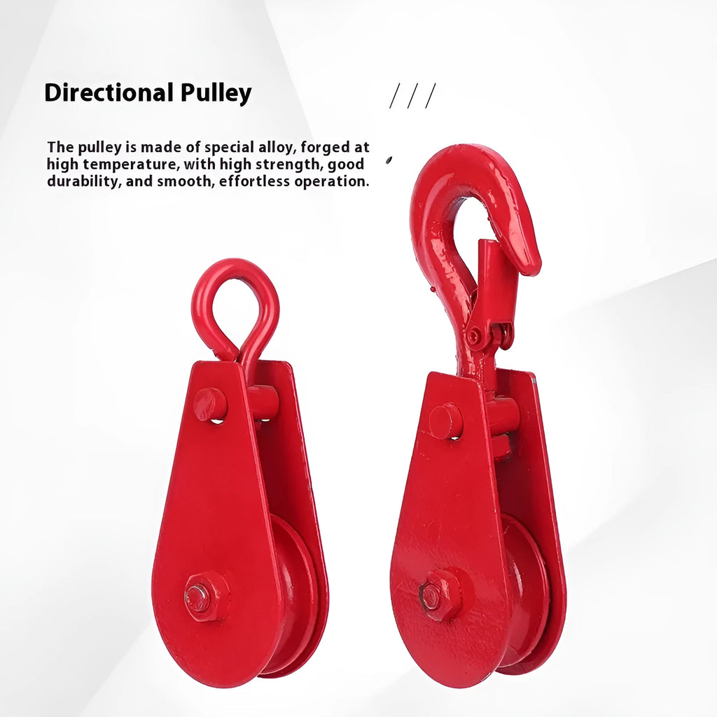 Red industrial lifting pulley with a forged steel safety latch hook and wire rope wheel.