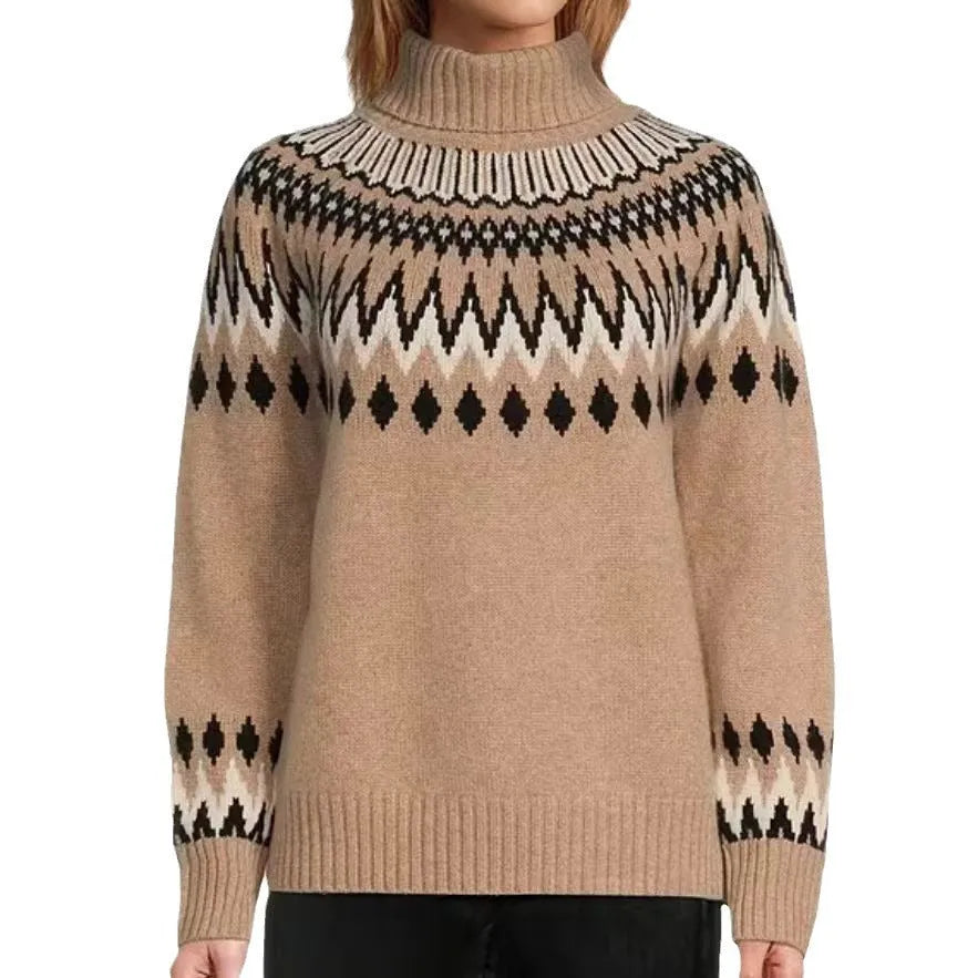Women's knitted sweater in brown, acetate fibre jacquard pullover with long sleeves, front view