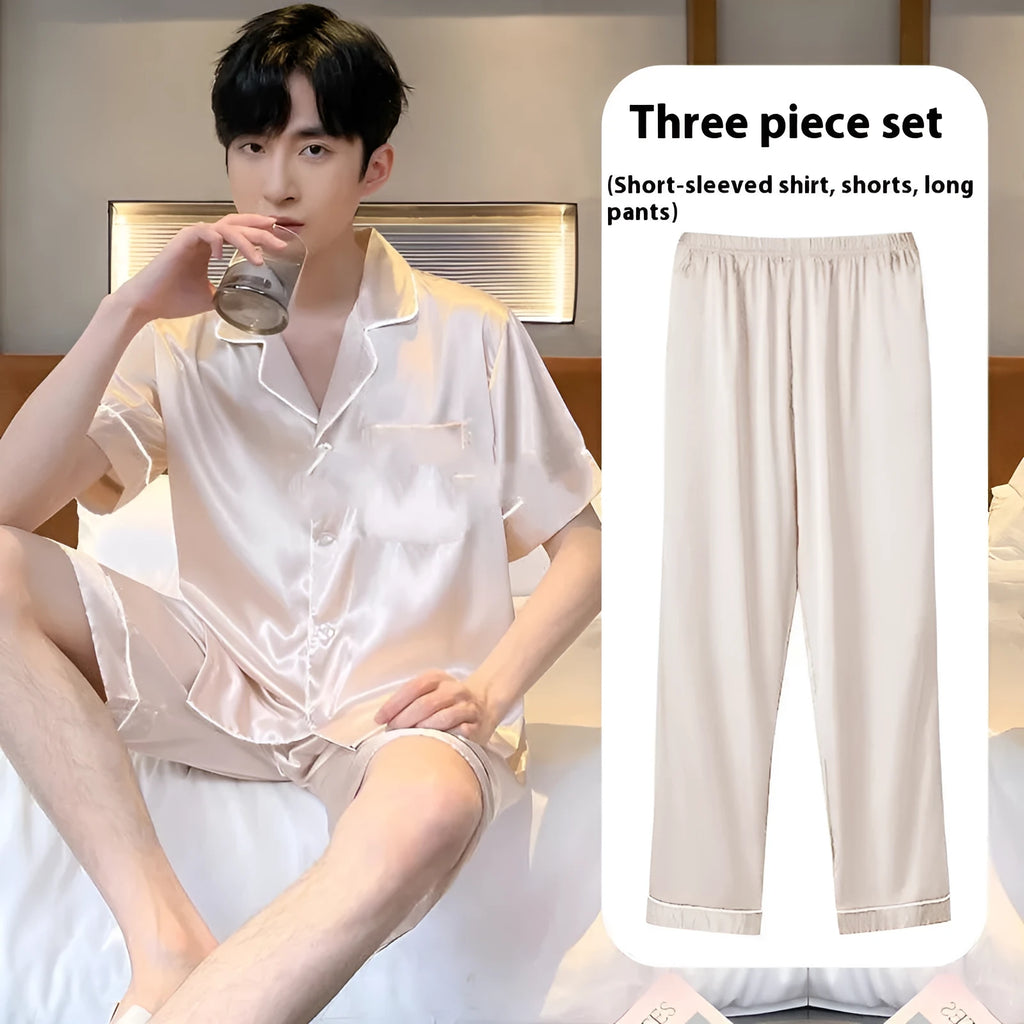 Men's ice silk three-piece home wear suit showing thin fabric, including trousers and shorts, in a selection of available colours.