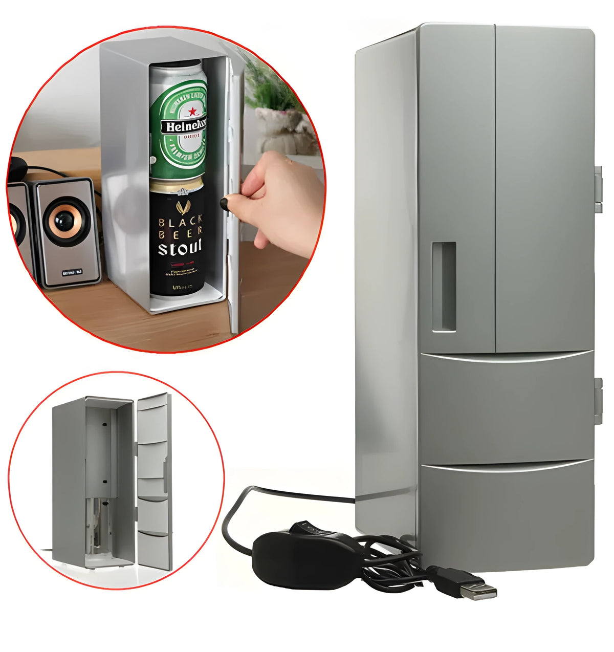 Silver USB mini fridge with open door showing two beverage cans and interior LED light