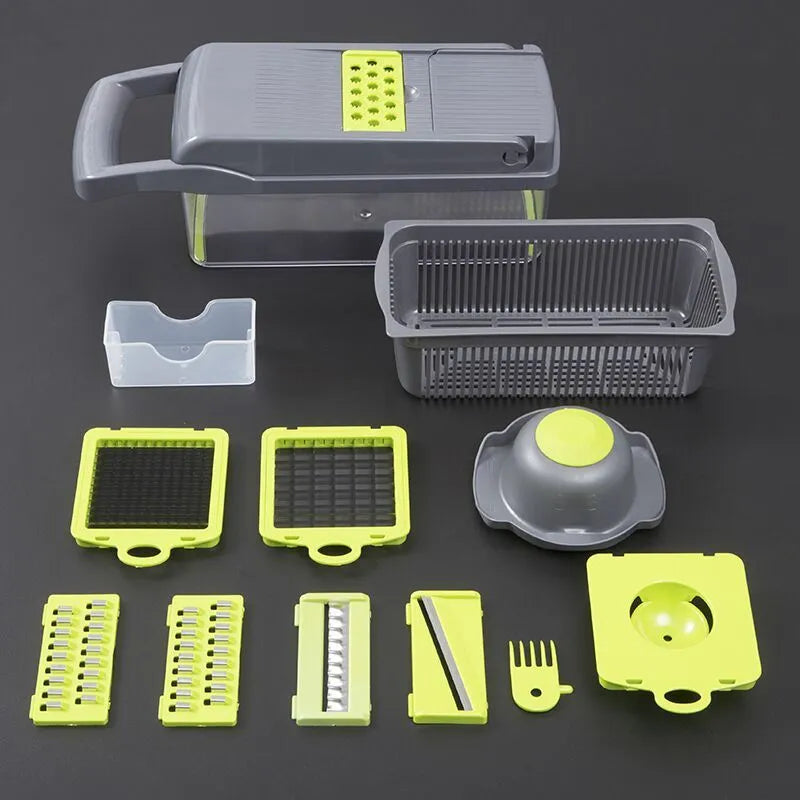 Multifunctional vegetable cutter with 7 stainless steel blades and wheat straw body in black, 31.8 cm