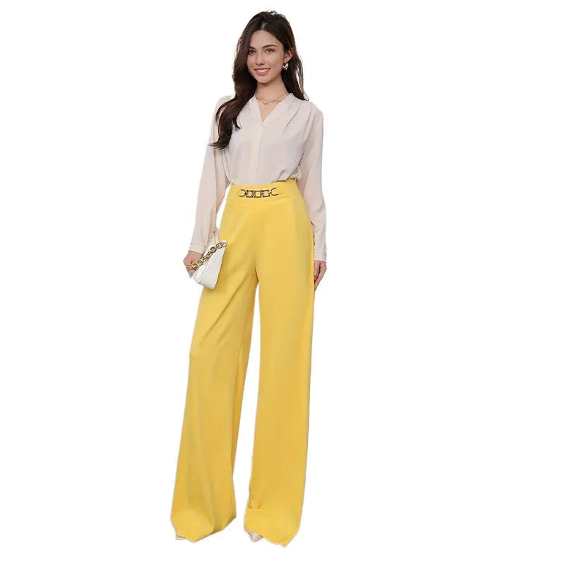 Solid colour draped wide leg pants for women, straight-leg polyester trousers with elastic waist, eight colour options