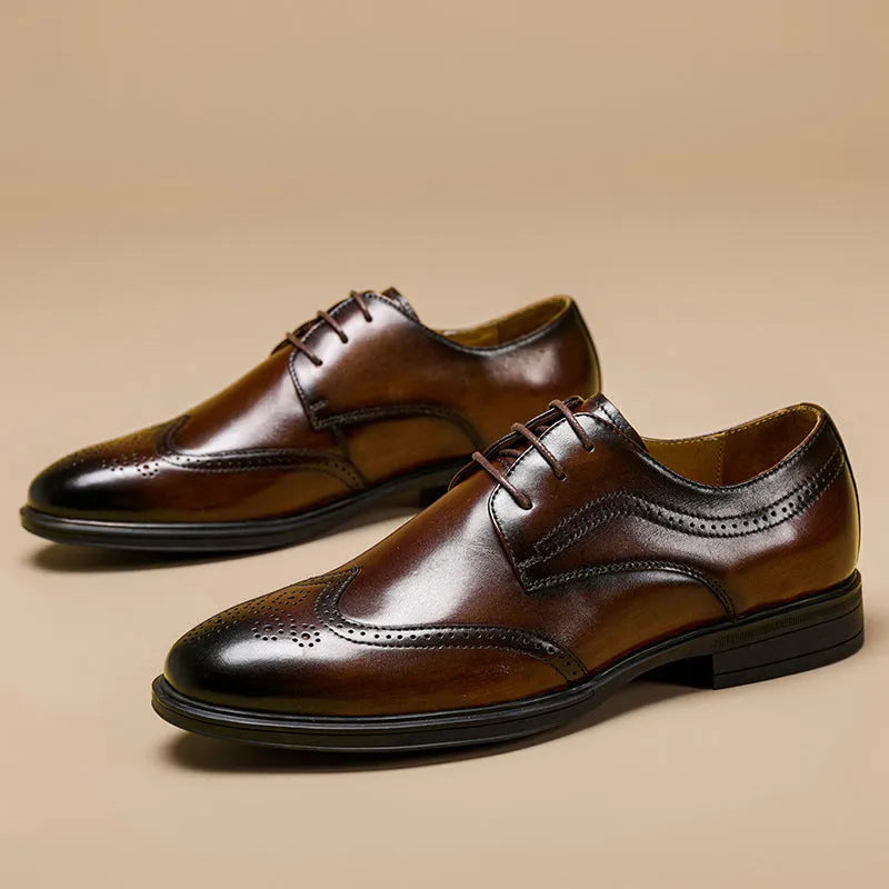 Men's leather Oxford brogue shoes in black and dark brown with round toe and rubber sole