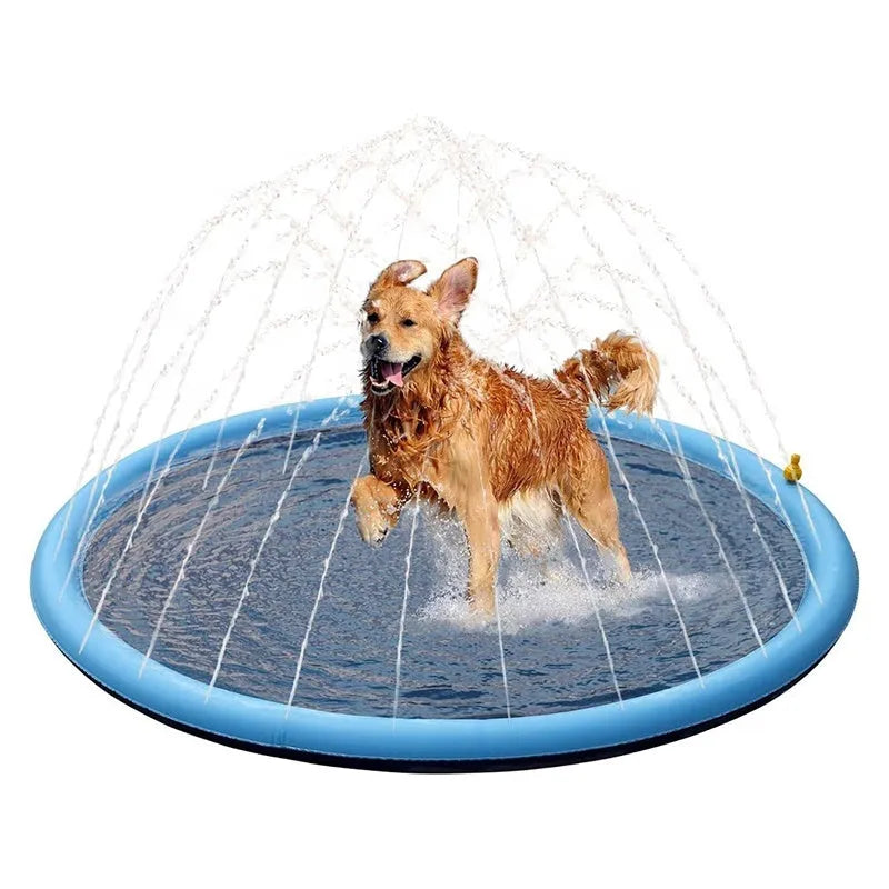 Bright blue inflatable dog splash pad with textured base, shown in a garden setting.