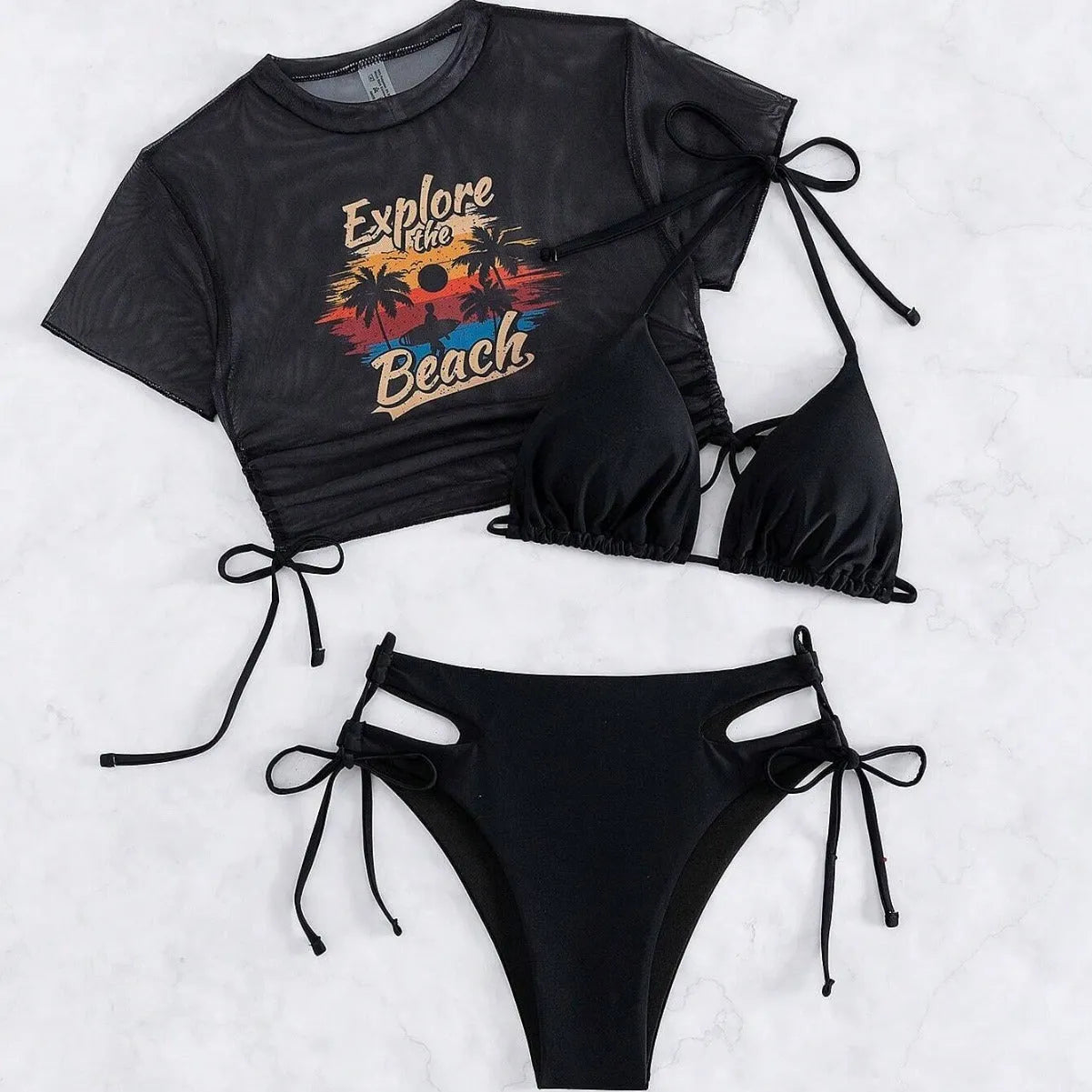 Women's three-piece bikini swimsuit set showing short-sleeved top, bra, and pants in multiple colours.