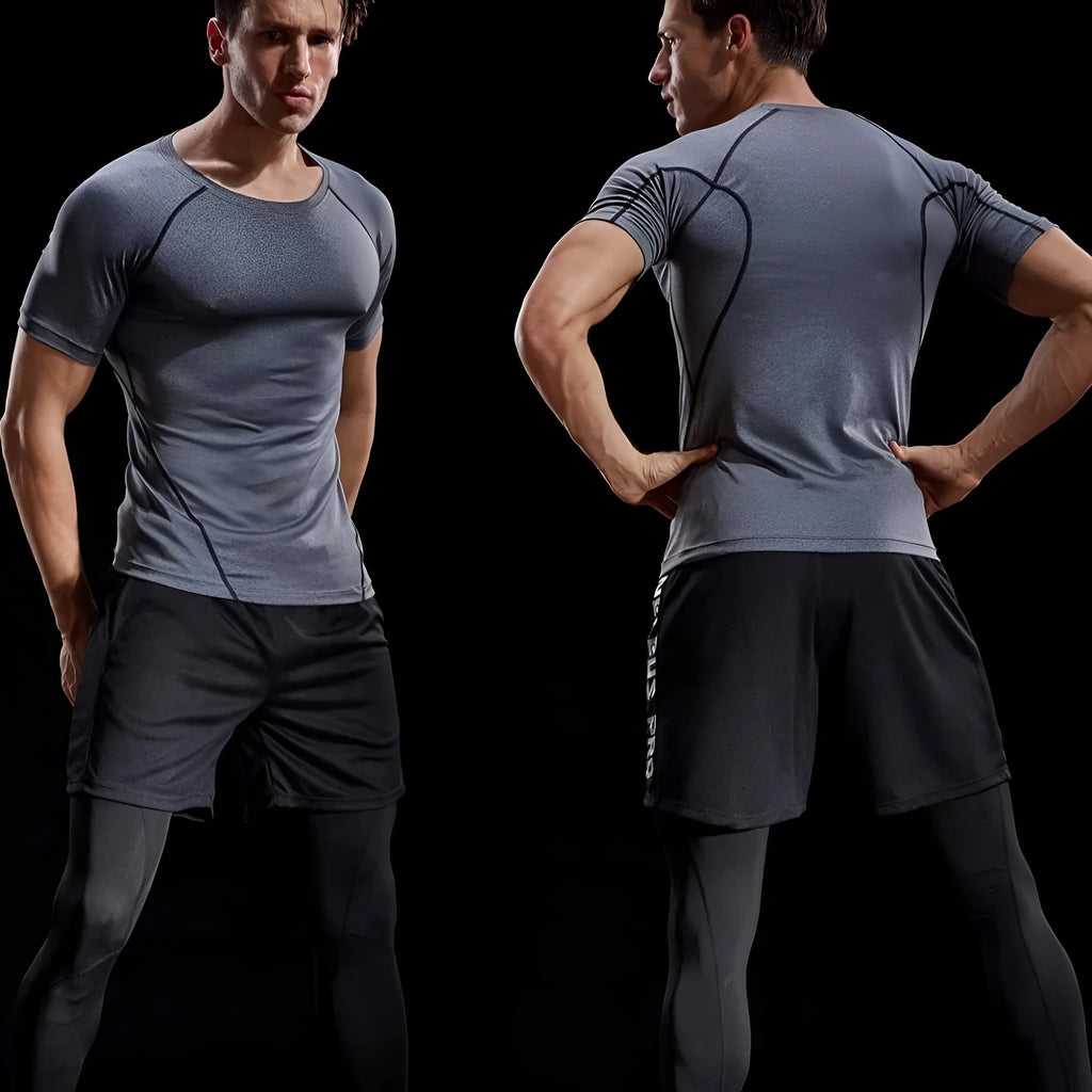 Men's quick-dry short-sleeve workout T-shirt in gray, chemical fibre blend for exercise and running