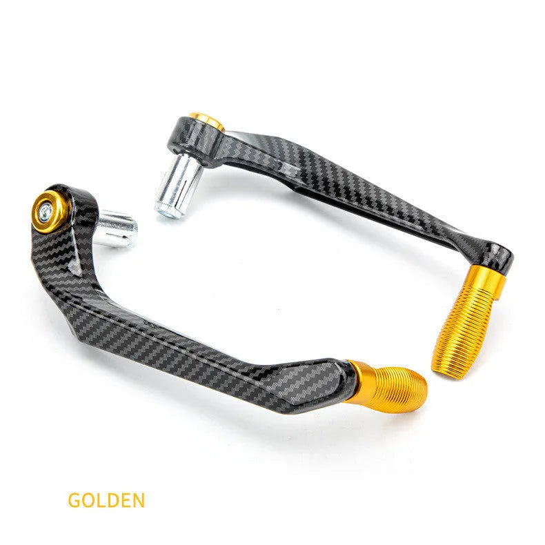 A pair of aluminium motorcycle hand guards with a water transfer printed finish, shown in one of five available colours.
