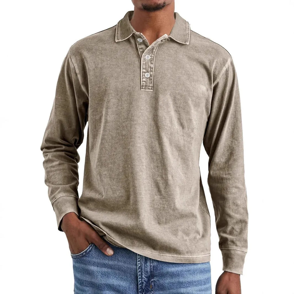 Men's long-sleeve distressed cotton polo shirt with a lapel collar in army green.