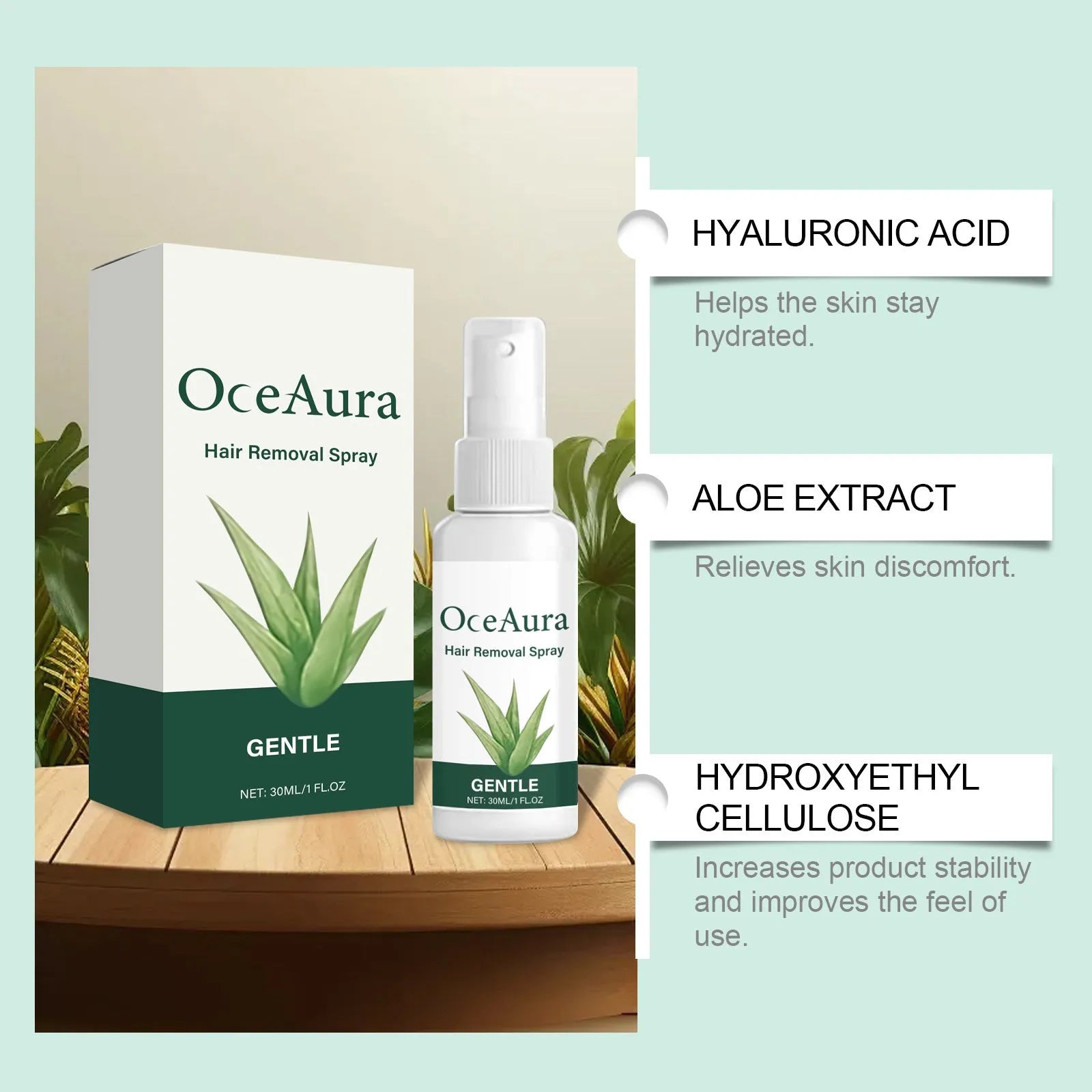 30ml bottle of moisturising hair removal spray with aloe and hyaluronic acid