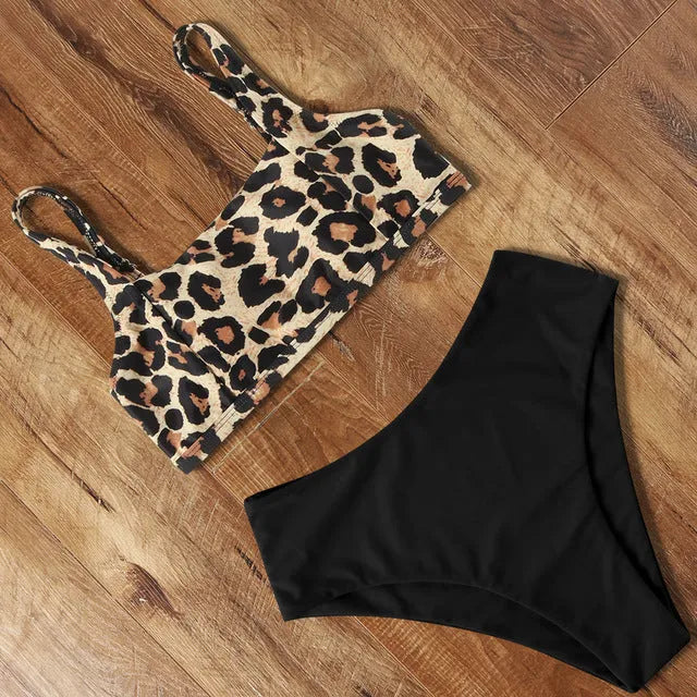 Women's high waist leopard print bikini set with push-up top and matching briefs on a mannequin.