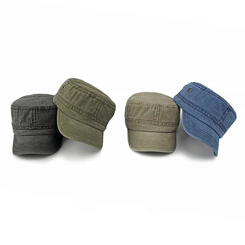 Military flat top cap in cotton fabric with adjustable strap, shown in army green colour