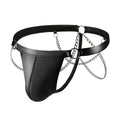 Black men's thong underwear with patent leather finish and chain detail