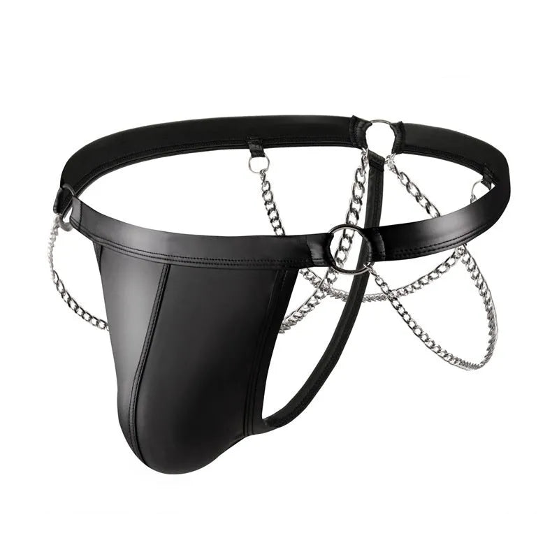 Black men's thong underwear with patent leather finish and chain detail