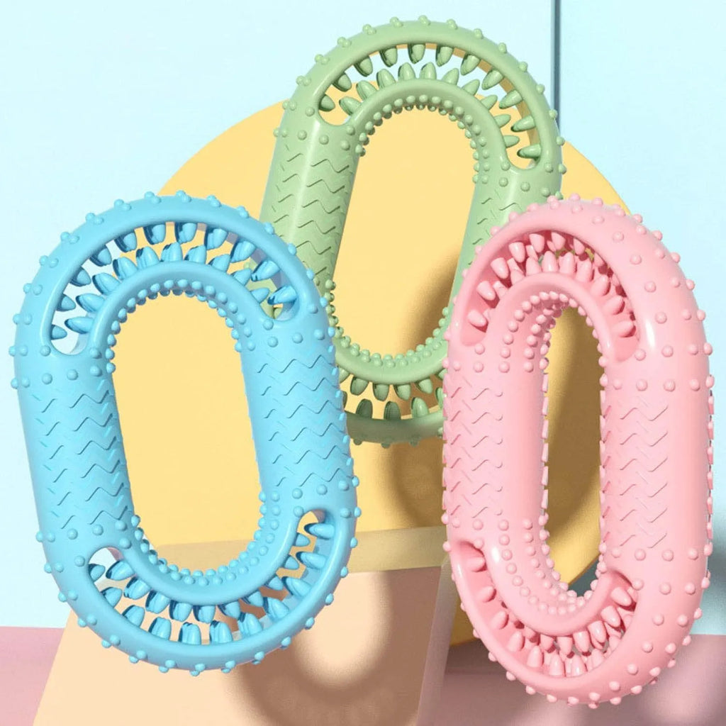 Blue green pink O-ring dog chewing toy for aggressive chewers measuring 12.5cm