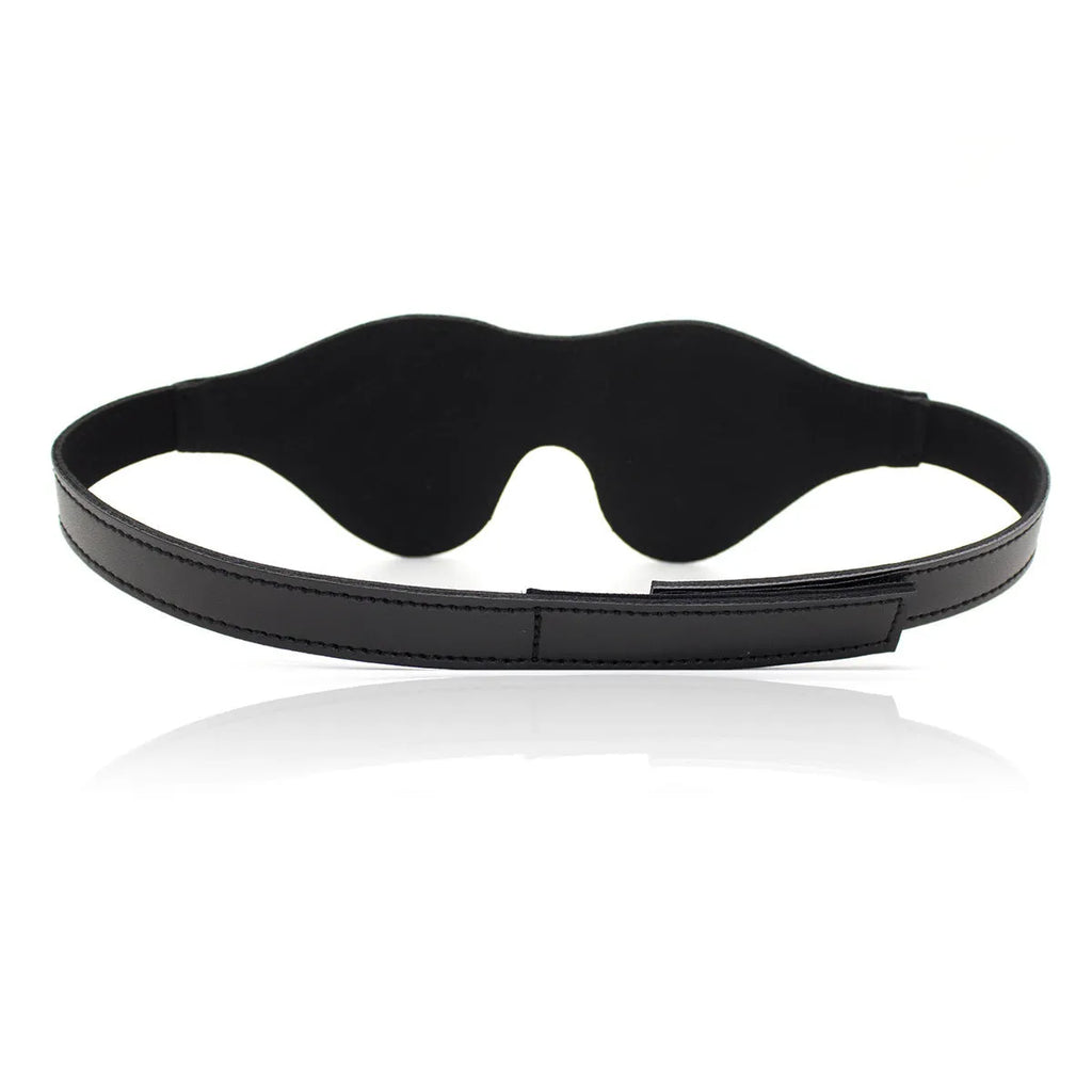 Women's black PU leather three-dimensional eye mask with Velcro strap and metal buckle closure.