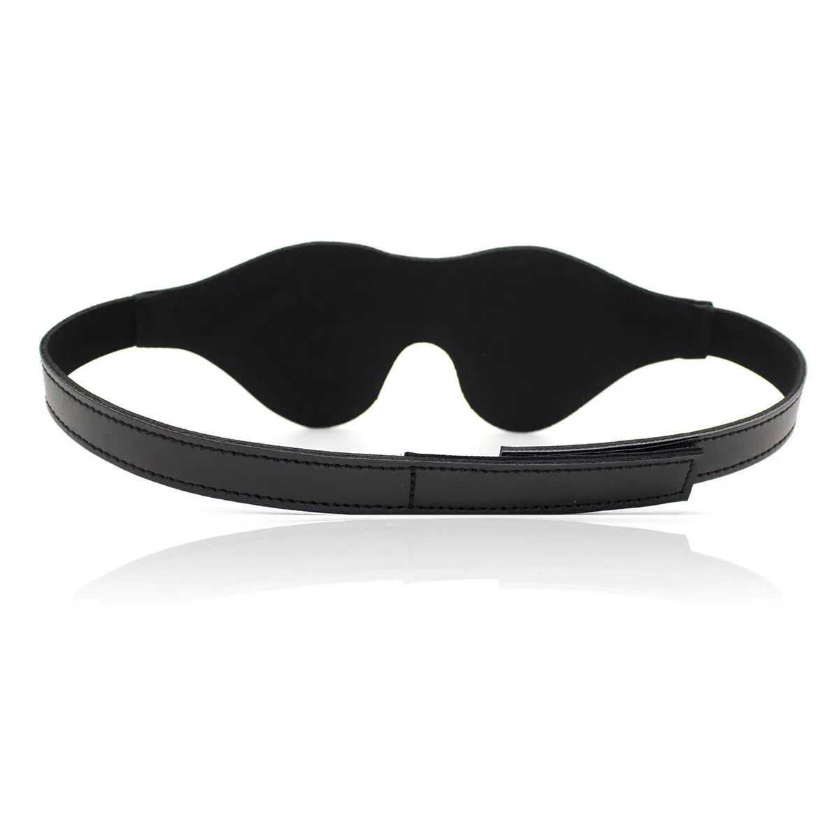 Women's black PU leather three-dimensional eye mask with Velcro strap and metal buckle closure.