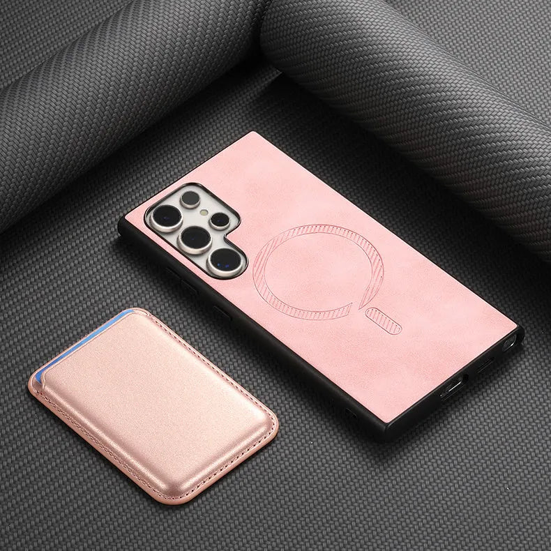 Ultra-thin silicone anti-fall phone cover for Samsung Galaxy with card case and magnetic charging support in black colour