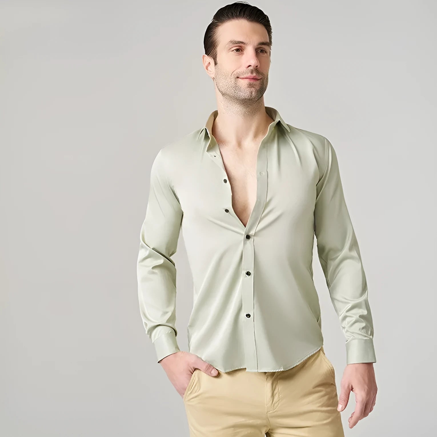 Men's stretch polyester long sleeve work shirt shown in a colour option, laid flat to show design.