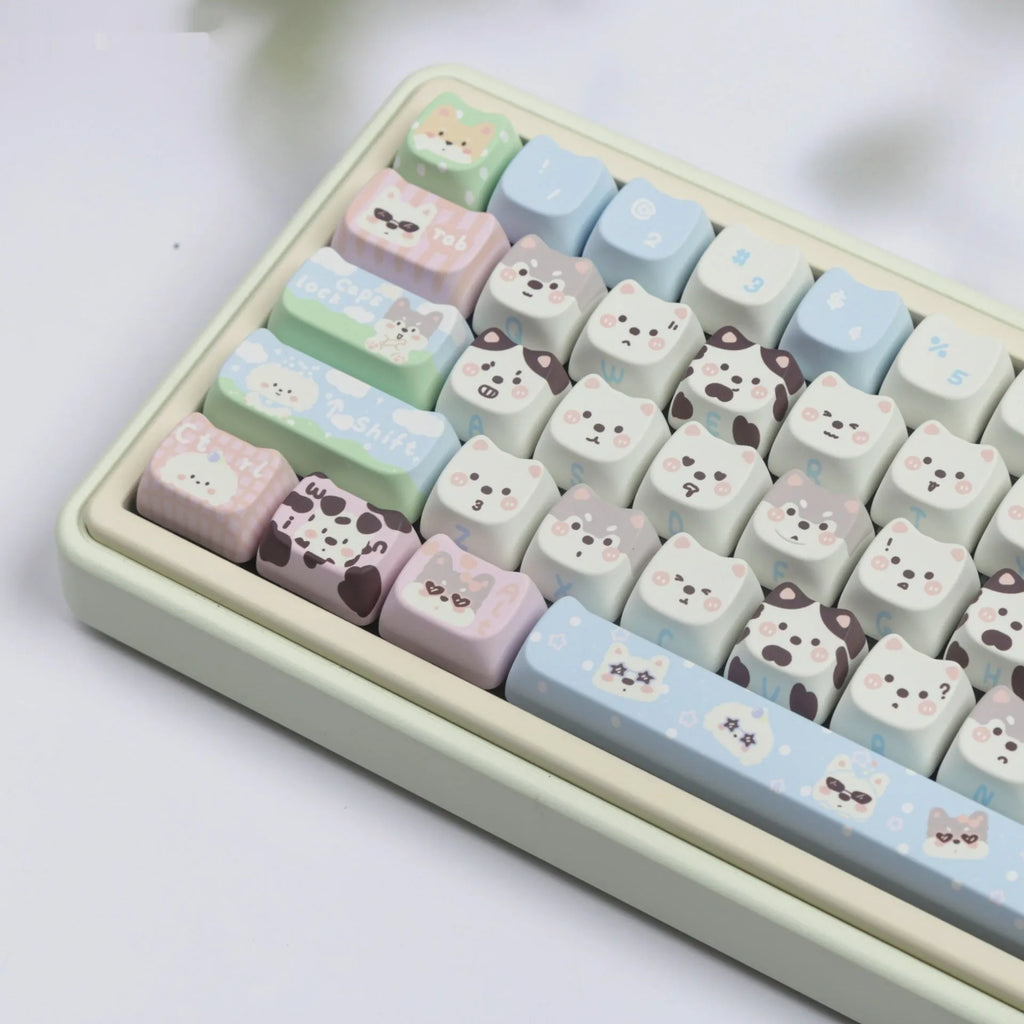 Full set of PBT keycaps for mechanical keyboards with colourful sublimation printed cat and puppy designs