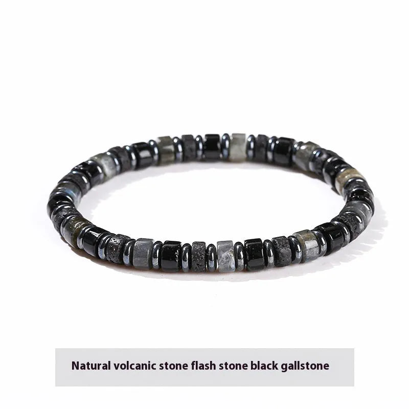 Natural volcanic rock and haematite 6mm bead bracelet with geometry-shaped stones
