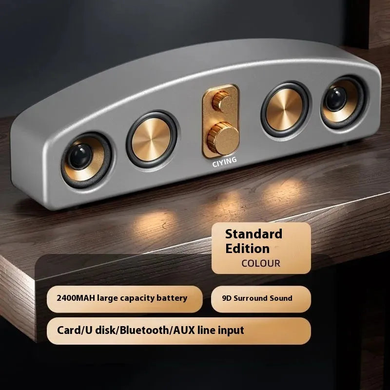 Retro portable Bluetooth speaker with wood grain water transfer print finish, 5W output, and USB power