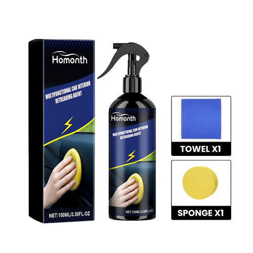 Car interior retreading agent kit with bottle, yellow sponge, and microfiber towel for leather and dashboard surfaces.