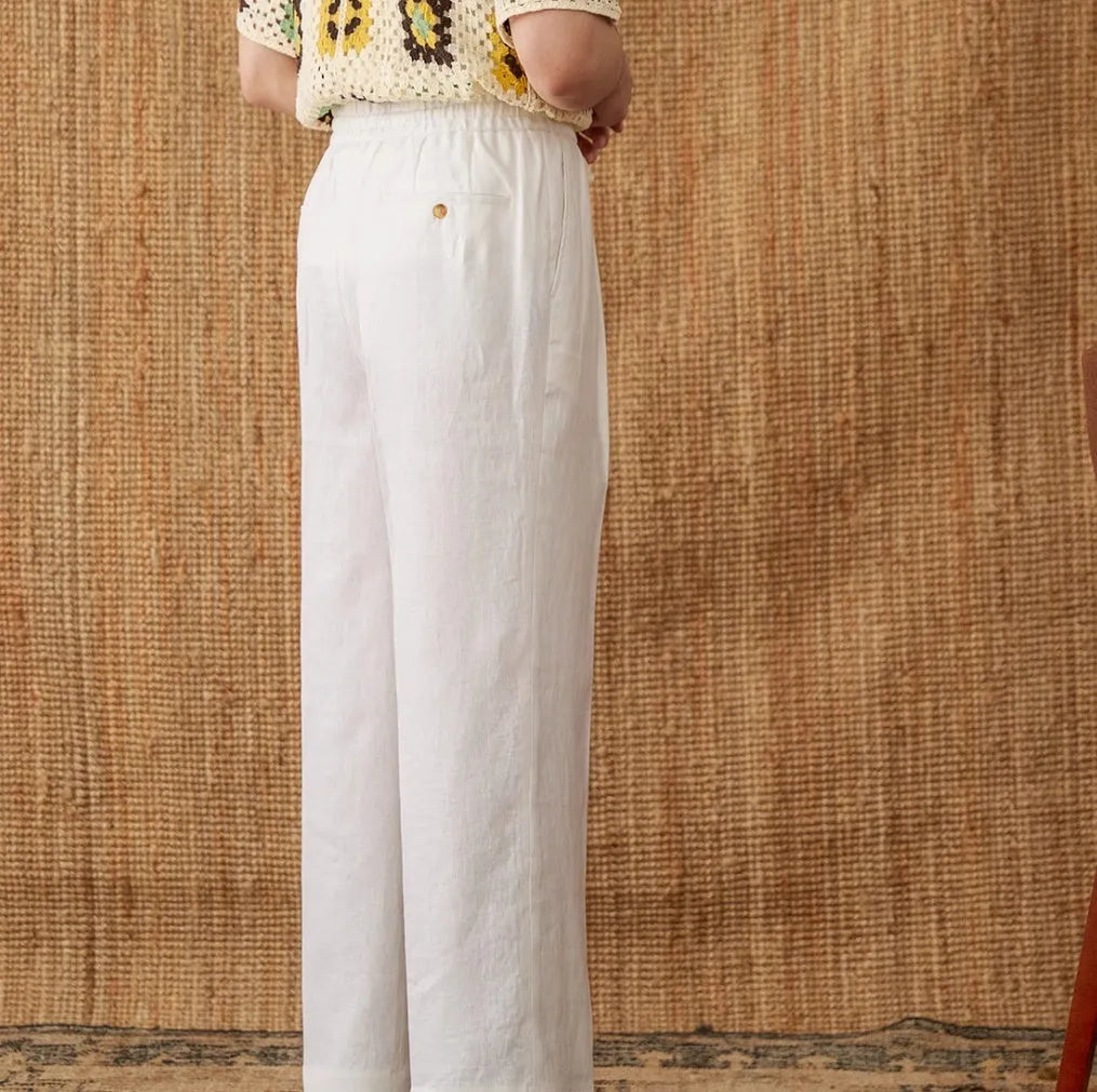 Women's linen straight-leg trousers with elastic high waist in navy blue colour